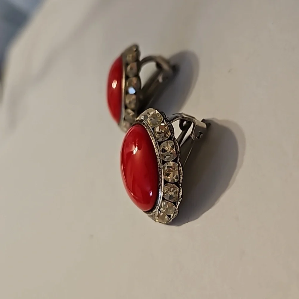 Vintage 2 Prs. Brown, Red & Rhinestones Button Silvertone Clip-on Earrings